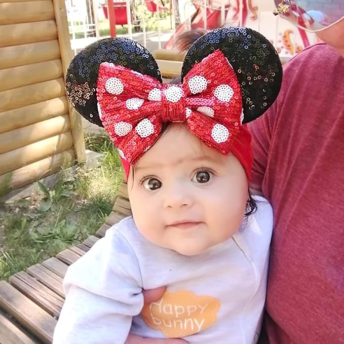 2Pcs Baby Girl Large Mouse Ears Dot Headbands with Sequin Bow, Wide Nylon Turban Hairband, Theme Park Headwear, Hair Bow Headband for Toddler, Kids, Party Supplies