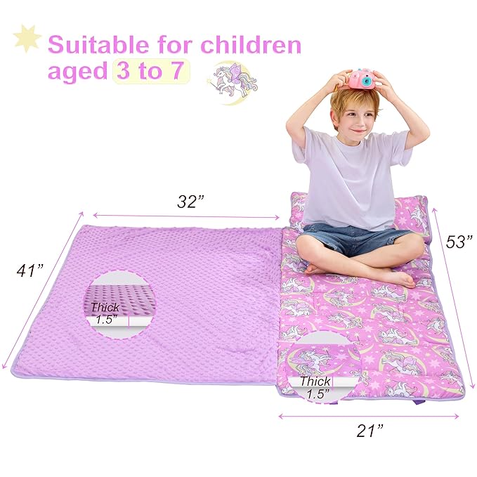 Viviland Toddler Nap Mat, Rolled Sleeping Mats with Pillow and Minky Dot Blanket for Girls, Kids Slumber Bag Nap Mat for Preschool, Daycare, Kindergarten, Travel Camping - Unicorn Magic