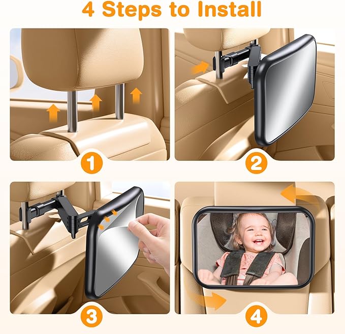 OMOTON Baby Car Mirror, Safety Car Mirror with Retractable Arm & Wide Crystal Rearview for Backseat, 360° Adjustable & Shatterproof, Easy Install Baby Essentials