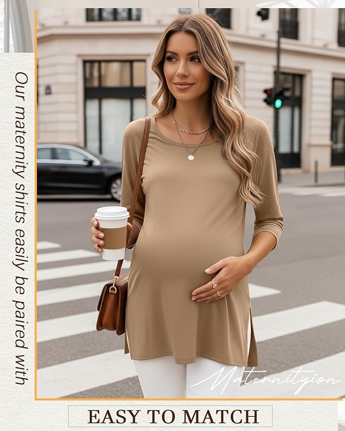 3 Pack Women's 3/4 Sleeve Maternity Shirts Elbow Length Clothes Round Neck Tunics Pregnancy Loose Side Split Tops