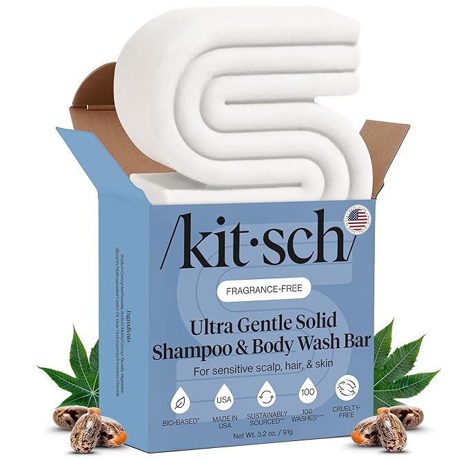 Kitsch 2-in-1 Shampoo Bar and Body Wash - Ultra Sensitive, Vegan & Natural, 5-Ingredient Formula Bar Soap for Hair & Body - Scent-Free, Paraben-Free - For Sensitive Scalp & Skin - 3.2 oz