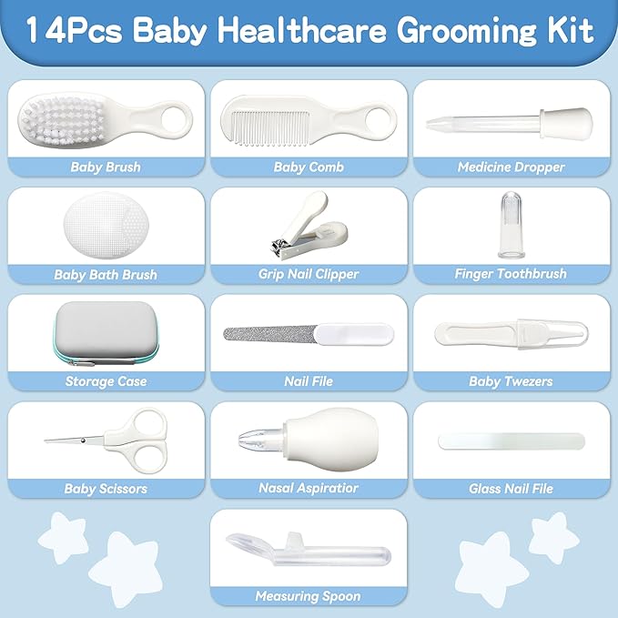 Baby Healthcare and Grooming Kit, 14 in 1 Baby Safety Set Newborn Nursery Health Care Set with Hair Brush Scale Nail Clippers for Baby Girls Boys (14 Kits Grey White)