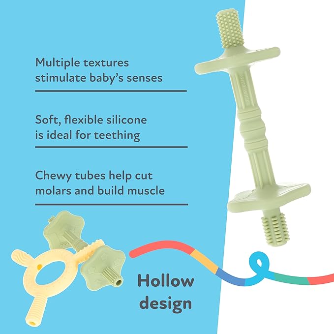 Nuby Hollow Tube Silicone Teething Toy - (2-Pack) Baby Teething Sticks - 3+ Months - Yellow and Green