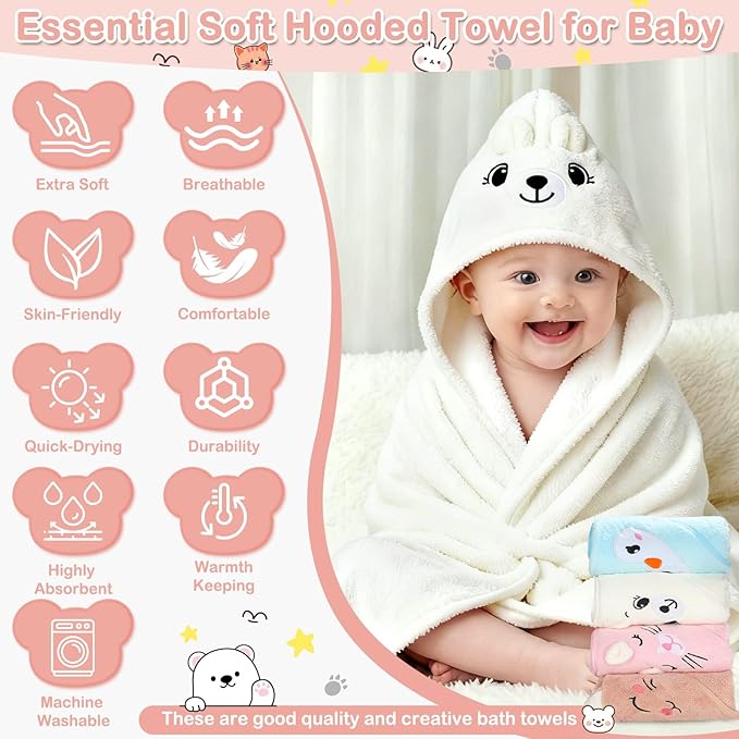 14 Pcs Baby Towels, Soft Baby Towel and Washcloths Set, 4 Pcs 32x32 in Hooded Bath Towel, 8 Pcs Baby Washcloths and 2 Pcs Cotton Baby Bibs for Newborns, Toddlers, and Kids for Boys and Girls