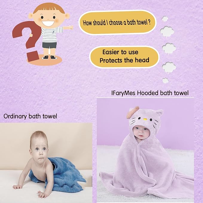 Toddler Bath Towel Baby Towels with Hood 27.5"X55" Ultra Absorbent Soft Bathrobe Blanket Kids Shower Towel for Girls and Boys(Purple-Cat)