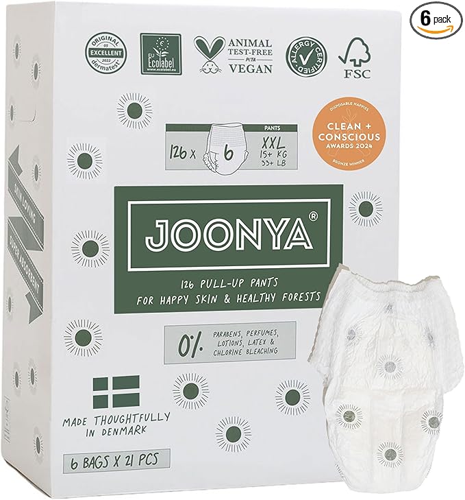 Joonya Pull-Up Pants Baby Diapers, Size 6 XXL (33+ lb) - 6 Bags of 21 (126) - Non Toxic, Eco-Friendly, High Absorbency, Overnight Use, Ultra Slim & Soft - Made in Denmark