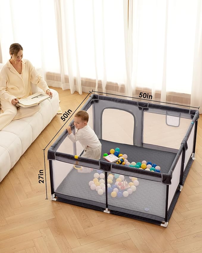 Baby Playpen with Mat, 50" x 50" Extra Large Play Yard for Babies and Toddlers, Baby Fence with Soft Thick Play Mat, Indoor Safety Activity Center for Infants, Easy to Assemble and Clean（Gray）