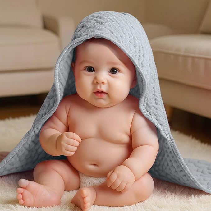 Peryiter 4 Pcs Muslin Hooded Baby Towels 32x32inch Cotton Newborn Bath Essentials Muslin Infant Blankets Absorbent Registry Baby Shower Present for Babies Girl Boy Kids (Green,Gray,Rust,Blue)