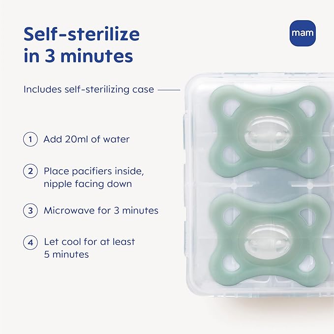 MAM Comfort Baby Pacifiers 3-12 Months Babies, Lightweight One-Piece Full Silicone Binky, BPA-Free Nipple, Easy to Clean Pacifier, Best for Breastfed Babies, 2 Count, Sterilizer Case, Made in Europe
