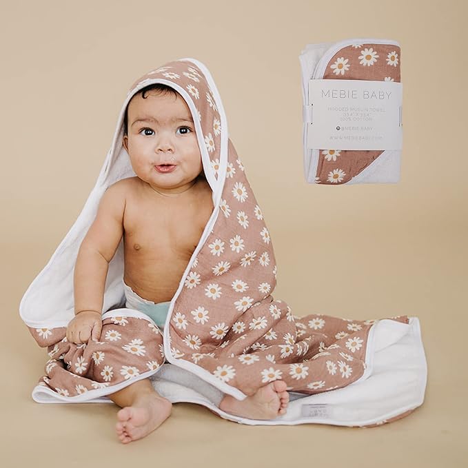 Mebie Baby Hooded Towel, Daisy Dream, 100% Muslin Cotton, Cozy and Breathable Bath Towel for Newborn, Infant & Toddler, Unisex, Floral Pattern, 33.4 x 33.4 inches, 0.79 pounds