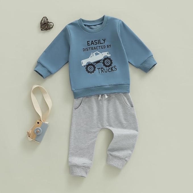 Toddler Baby Boy Fall Clothes 1T 2T 3T 4T 5T Winter Outfits Long Sleeve Trucks Sweatshirt Tops Jogger Pants Set