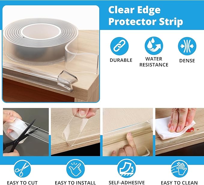 12ft Clear Edge Protector Strip | Transparent PVC Cushion Guard | Baby Safety Edge Protector Tape & Furniture Corner Bumper | Baby-Proofing Set, Non-Toxic & Safe for Tables, Fireplaces & Countertops