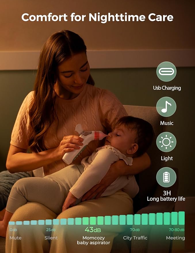 Momcozy BreezyClear™ 2-in-1 Electric Nasal Aspirator for Baby with Spray, 65kPa Hospital-Grade Suction, 4 Adjustable Levels, Quiet & Portable Nose Cleaner with Soothing Light & Music