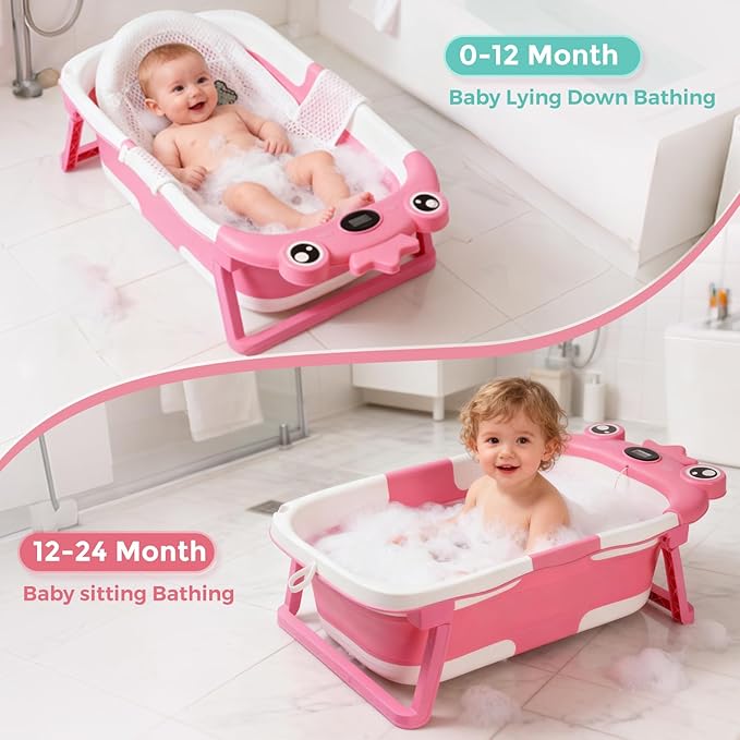 Baby Bathtub,Collapsible Baby Bath Tub with Soft Cushion & Thermometer, Space Saving Foldable & Travel Newborn Bathtub for Infant to Toddler 0-36 Months, Frog Green
