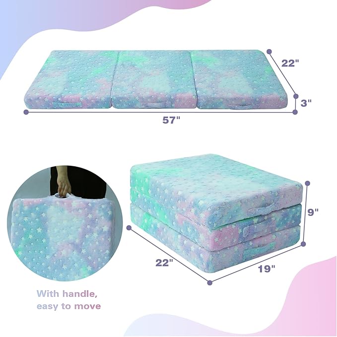 MeMoreCool Foldable Floor Mattress for Kids, Glow Star Trifold Mat, Kids Folding Mattress Portable Futon, 57x22 Inch Colorful