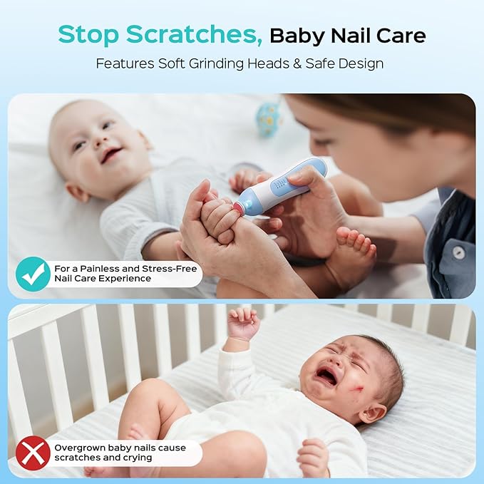 COSLUS C52 Rechargeable Baby Nail File: Cordless Baby Nail Trimmer Electric, Baby Nail Clipper with 5 Speeds & 6 Grinding Heads for Baby Kid, CPC Certified & Quiet Design - Safe for Sleep Trim, Blue