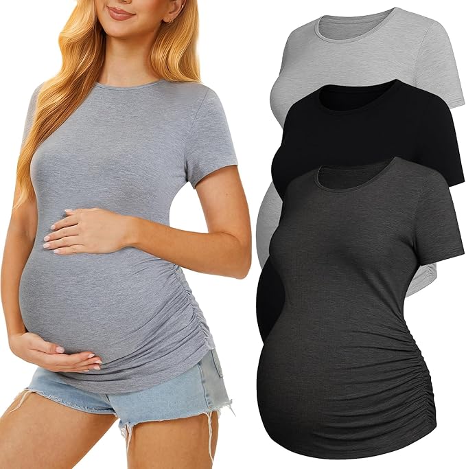3 Pack Womens Maternity Shirts - Crew Neck Maternity Top Short Sleeve Pregnancy Tee Shirts