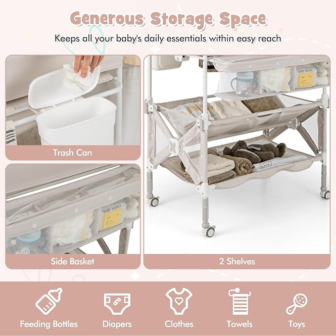 HONEY JOY Changing Table, Foldable Baby Mobile Nursery Organizer w/Wheels, Adjustable Heights, Storage Bag & Shelves, Waterproof Diaper Changing Station Dresser, Portable for Newborn Infant (Beige)