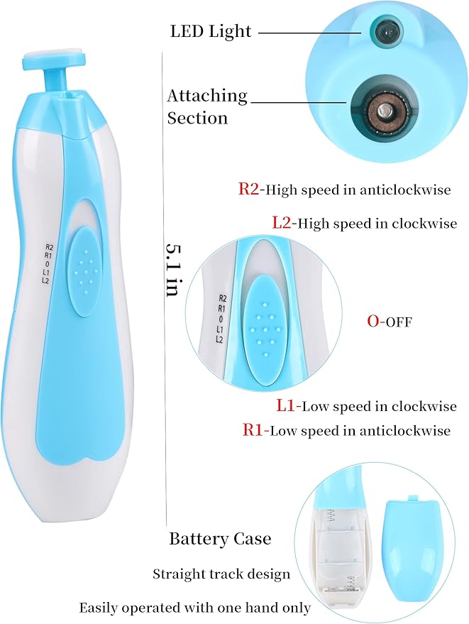 Electric Baby Nail Trimmer, Safe Gentle Nail File Grinder Kit with LED Light, Whisper Quiet, 6-in-1 Nail Care Set for Newborns Toddlers Kids & Adults, Adjustable Speed & Rotation, Portable Trave, Blue
