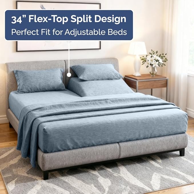 Split Head King Sheet Set – 4 Piece Flex Split Top King Sheets for Adjustable Beds - Fits 14” to 16" Mattress w/ Deep Pockets - Breathable & Cooling - Luxury Bedding and Wrinkle Free - Heathered Blue
