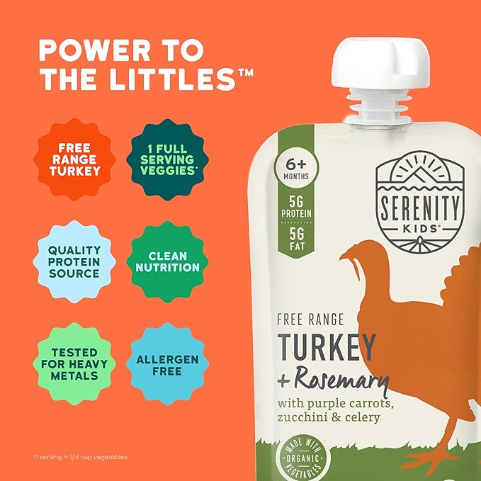 Serenity Kids 6+ Month Baby Food Puree Pouch - 3.5 Oz, Pack of 6, Turkey & Rosemary - Organic Zucchini & Carrot Pouch - No Added Sugar Turkey Meat Puree for Baby Snacks