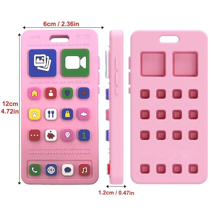 Baby Silicone Teething Toys, Phone Teether Toys for Toddlers 3-18 Months, Boys Girls Babies Teething Toy, Baby Chew Toy, Freezer BPA Free, Pink
