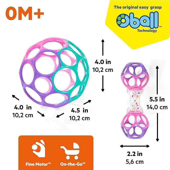 Bright Starts Delightful Duo 2-Pack Gift Set with Easy-Grasp Oball Rattles, Pink, Baby Toys for Newborn and Up
