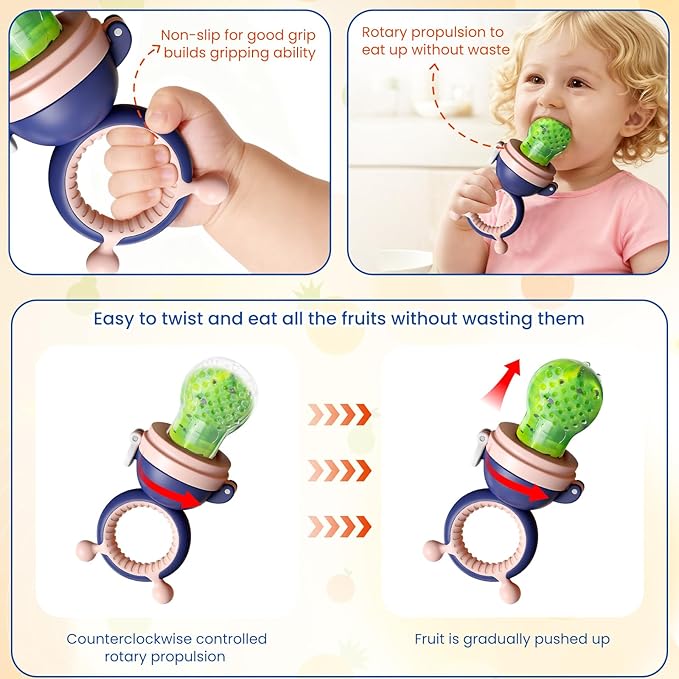 Baby Fruit Food Feeder Pacifier with 3 Different Size Silicone Pouch,Teethers for Babies 6-12Months, Baby Solid Food Essentials, Push Pop Silicone Feeder, Nutrition Feeder, 1 Pice, Purple