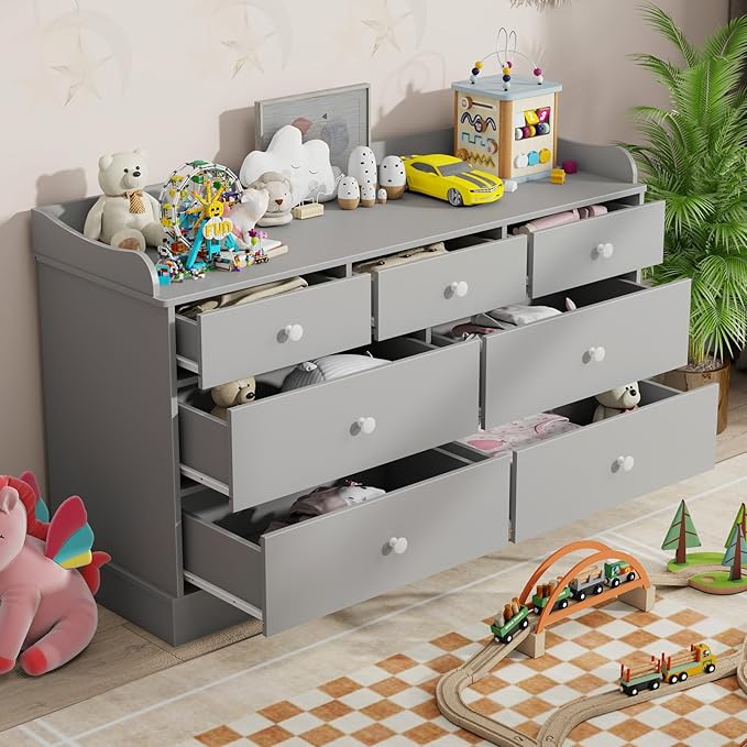 Vabches Kids Dresser Cabinet with 7 Drawers, Changing Table for Nursery, White Chest of Drawers, Baby Dresser, Kids Bedroom Furniture, Nightstand for Child’s Room,Light Grey