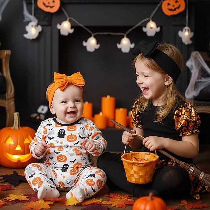 Halloween Baby Girl Bows Newborn Headband Stretchy Double Bows Soft Infant Toddlers (Black White Orange)