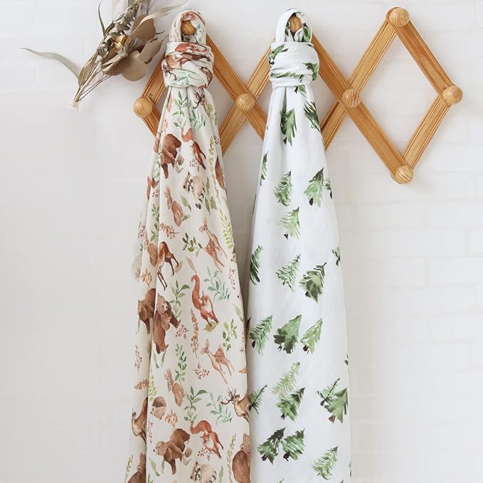 LifeTree Muslin Swaddle Blankets, Woodland Baby Swaddling Wrap Nursery Receiving Blanket for Boys & Girls Unisex, Soft 70% Viscose from Bamboo and 30% Cotton, Large 47 x 47 inches