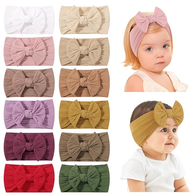 jollybows 12pcs Baby Girls Nylon Headband with Bow Newborn Hairbands Infant Hair Bow Elastics Handmade Hair Accessories for Toddlers Kids