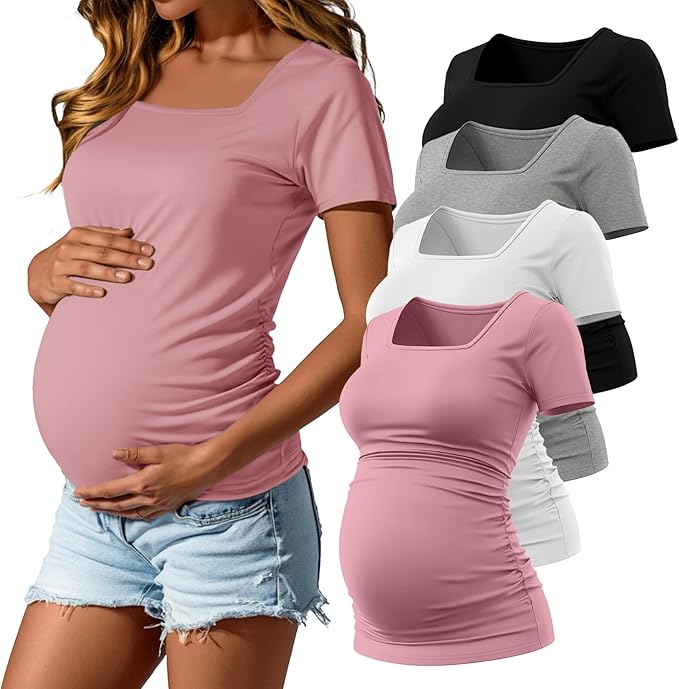 4 Pack Women's Maternity Shirts Cotton Square Neck Pregnancy Tops Side Ruched Summer Short Sleeve Tees Multipack