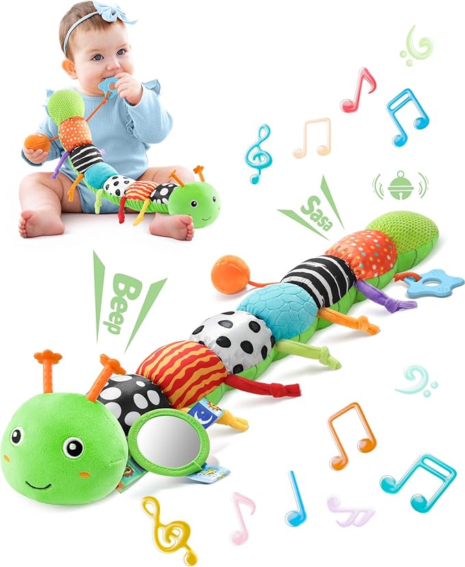 LIGHTDESIRE Baby Toys Musical Caterpillar,Infant Toys 3 6 12 Months Sensory Toy with Ruler Design,Mirror,Pull String,Crinkle&Ring Bell,Baby Teething Toy for Tummy Time Boy Girl Gifts (Lime Green)