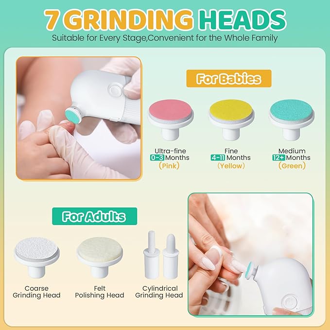 IvyWind Electric Baby Nail File, 7 in 1 Grinding Heads Baby Nail Trimmer, Automatic Baby Nail Clippers for Infant Newborn Toddler Kid Adult, 2 Speeds, USB Rechargeable, White