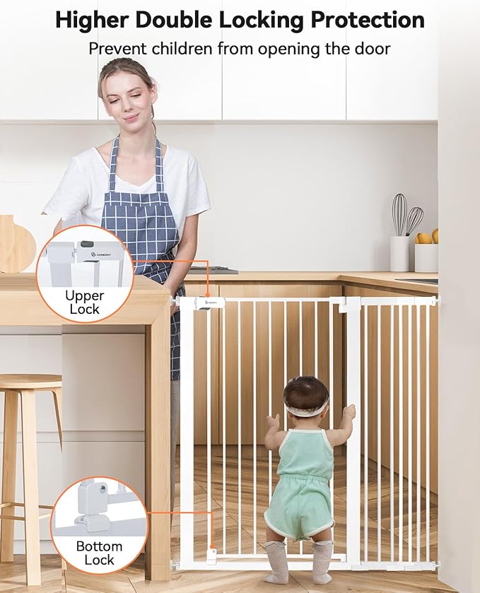 COMOMY 42" Extra Tall Baby Gate for Stairs Doorways, Fits Openings 29.5" to 43.3" Wide, Auto Close Sturdy Safety Dog Gate for House, Pressure Mounted Easy Walk Through Pet Gate with Door, White