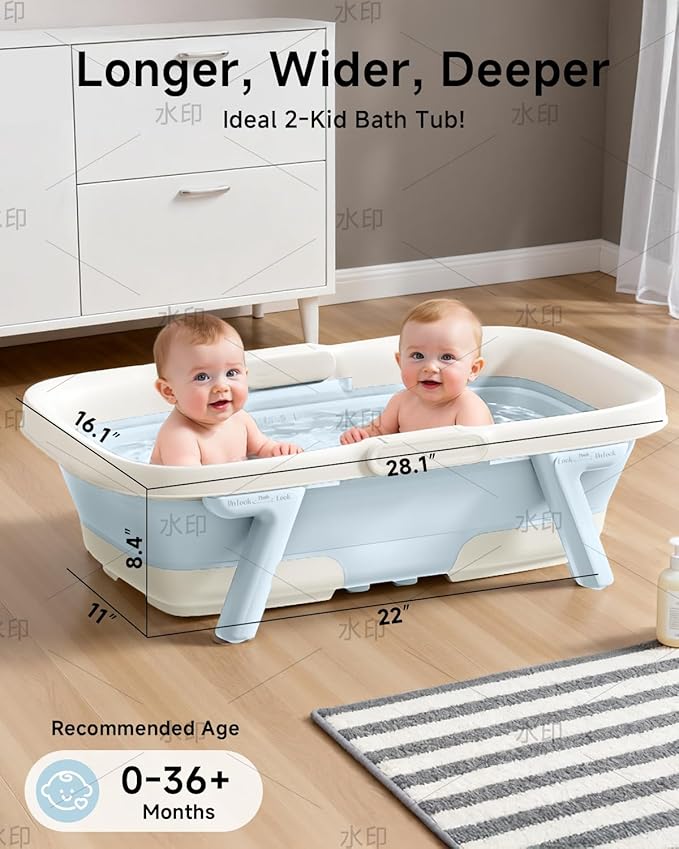 Collapsible Baby Bathtub, Large Infant Bath Tub with Thermometer & Cute Soft Cushion for Newborn to 36-Month Toddlers, Storage and Non-Slip Feet Design, Baby Bath Gift (Blue)