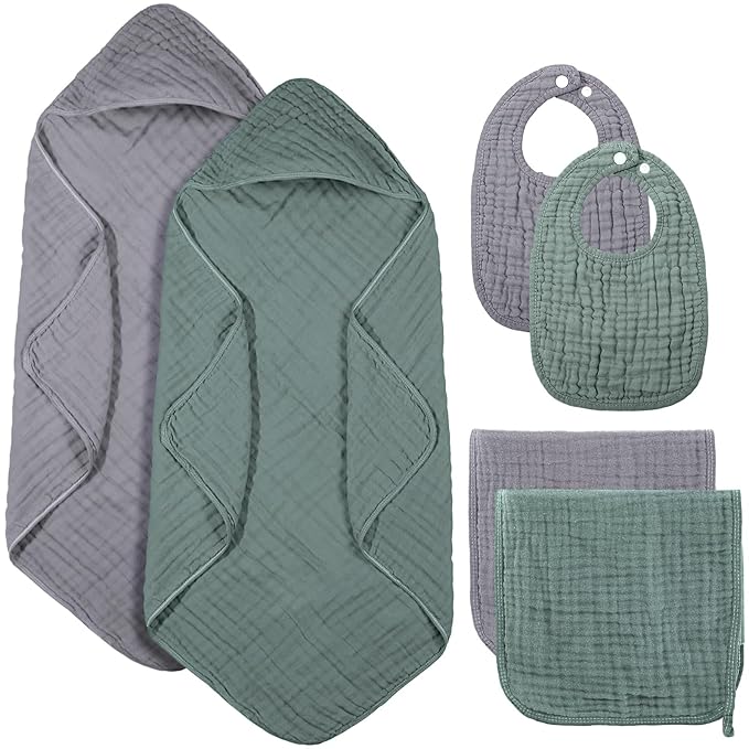 6 Pcs Muslin Hooded Bath Towels Washcloths and Bibs Set, Muslin Cotton Baby Towels Absorbent Hooded Blanket Towel Infant Bibs for Boys Girls Newborn Infant Essential(Gray, Green)