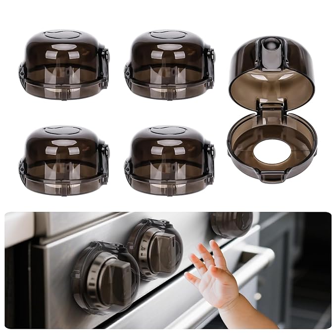 5PCS Stove Knob Covers for Child Safety - Fit Knobs with Diameter Under 2.4". Heat Resistant, Child Proof Lock with Strong Adhesive & Oil-Proof, Semi-Transparent Cover for Stove and Oven Knobs (Black)