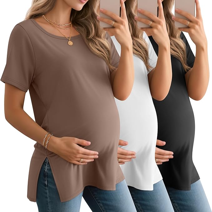 3 Pack Women's Maternity Shirts Short Sleeve Round Neck Side Split Pregnancy Tops Loose Summer Casual Mama Clothes
