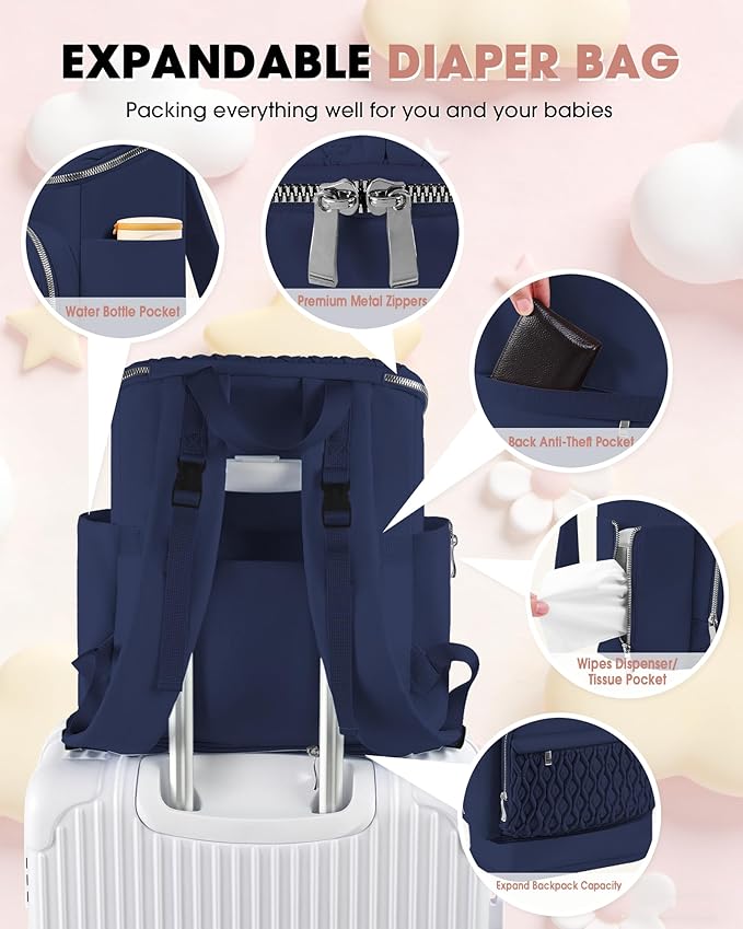Baby Diaper Bag, Multi-Function Baby Bag for Mom Dad, Diaper Backpack with Changing Pad Stylish Pañaleras para Bebe Stroller Straps, Newborn Baby Essentials Must Haves for Women Navy blue