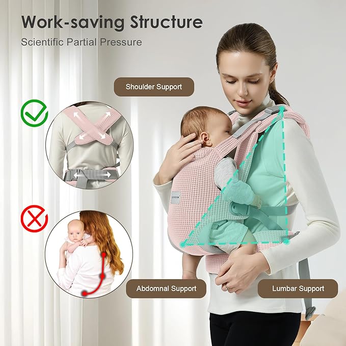 Baby Carrier Newborn to Toddler, Easy Adjustable Toddler Carrier for 7-30lbs, Baby Holder Wrap Carrier, Breathable Mesh Fabric Infant Kangaroo Hip Carriers with Lumbar Support, Pink