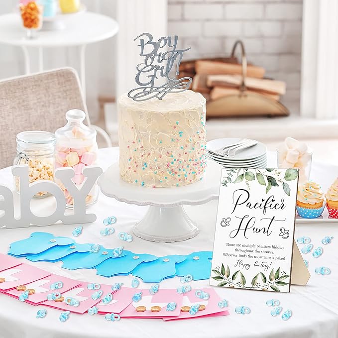 Roowest 51 Pcs Pacifier Hunt Baby Shower Games Include Wooden Hunt Sign and 50 Acrylic Mini Plastic Pacifiers for Baby Shower Game Decoration Gift Sets Gender Reveal Party Supplies