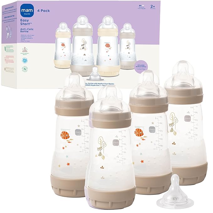 MAM 9oz Easy Start Anti-Colic Wide Neck Baby Bottle, Medium Flow Breastfeeding-Like Nipple, Reduces Colic Gas & Reflux, Easy to Clean, BPA Free, 2+ Months, Made in Europe, Bonus Fast Flow Nipple, 4 Pk