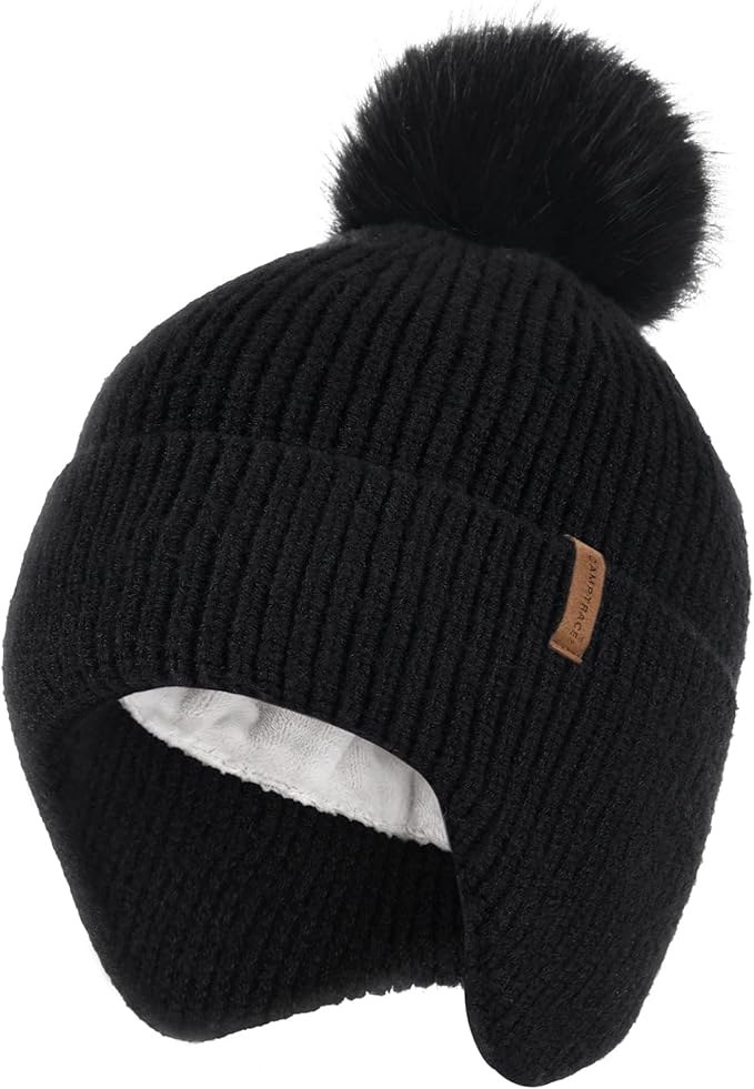 Camptrace Toddler Baby Winter Hat Warm Fleece Lined Knit Kids Hat with Earflap Infant Newborn Pom Beanie Knit Cap Girls Boys