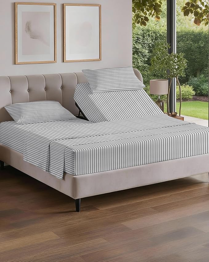 Flex Top Split Head King 4 Piece Sheet Set - Comfy Breathable & Cooling Bed Sheets Set - Hotel Luxury Bedding for Women, Men, Kids, Teens, Boys & Girls - Deep Pockets, Soft - Oeko-Tex - Grey Stripes