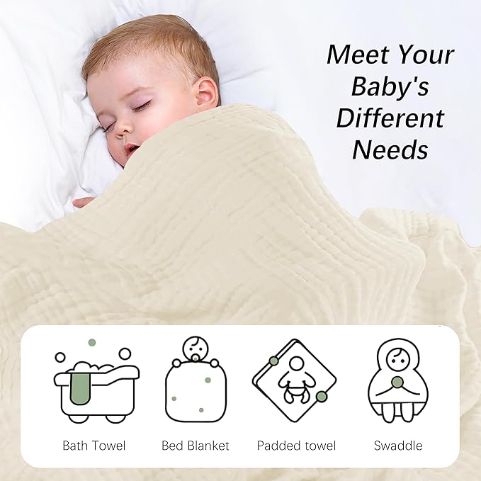 SWEET DOLPHIN Muslin Baby Bath Towels Blanket - 2 Pack 100% Cotton Towel for Babies, Infants, Toddlers - 40x40Inch - Highly Absorbent, Ivory and Brown