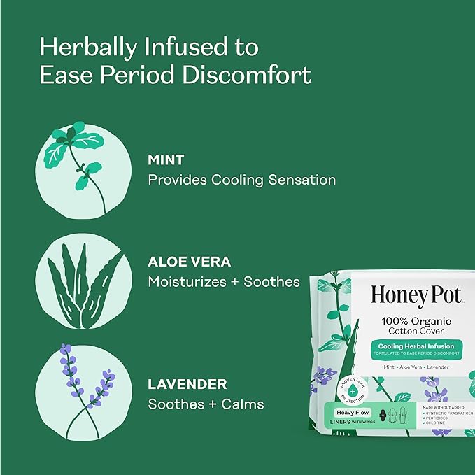 The Honey Pot Company - Herbal Panty Liners for Women - Heavy Flow w/Wings - Infused w/Essential Oils for Cooling Effect & Organic Cotton Cover - Feminine Care - 20 ct
