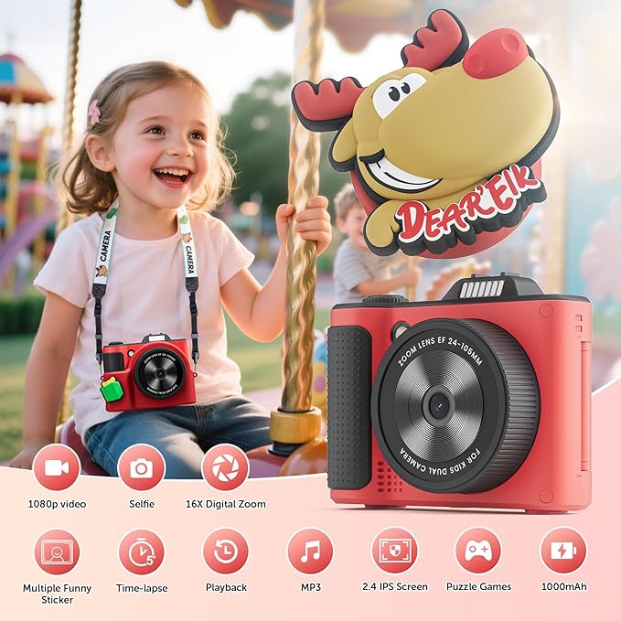 Kids Camera, Christmas Birthday Gifts for Boys Girls Age 3-12,Upgrade HD Flip Digital Video Cameras for Kids, Portable Toys for 3 4 5 6 7 8 9 10 Year Old Childrens with 32GB SD Card-Red