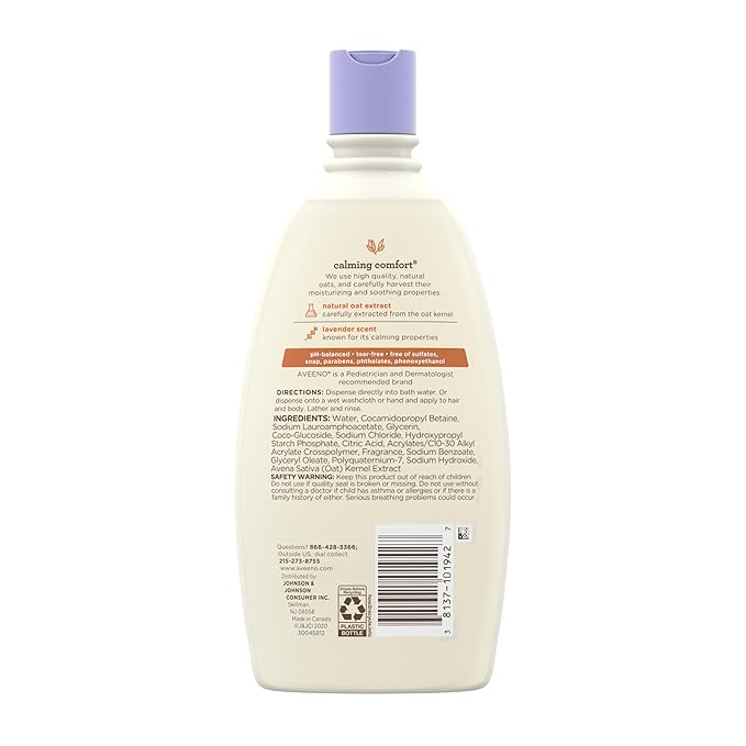 Aveeno Baby Nighttime Calming Comfort Bath, Body & Hair Wash with Relaxing Lavender & Vanilla Scents & Natural Oat Extract, Tear-Free Formula, Paraben-, Phthalate- & Soap-Free, 18 Fl. Oz
